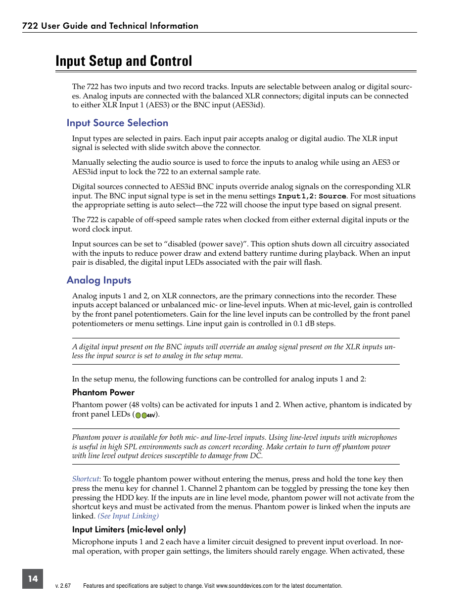 Input setup and control, Input source selection, Analog inputs | Input source selection analog inputs | Sound Devices 722 User Manual | Page 16 / 80