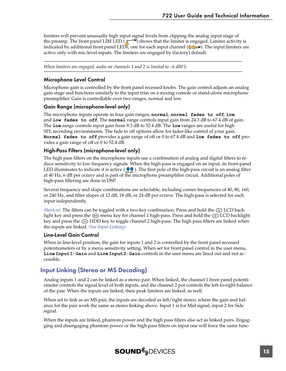 Input linking (stereo or ms decoding) | Sound Devices 722 User Manual | Page 17 / 80