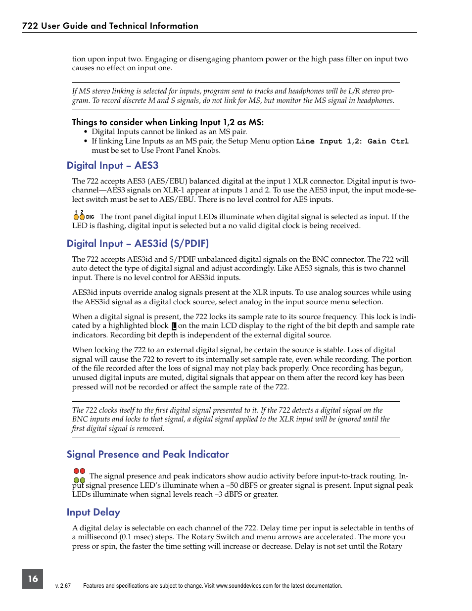 Digital input – aes3, Digital input – aes3id (s/pdif), Signal presence and peak indicator | Input delay | Sound Devices 722 User Manual | Page 18 / 80