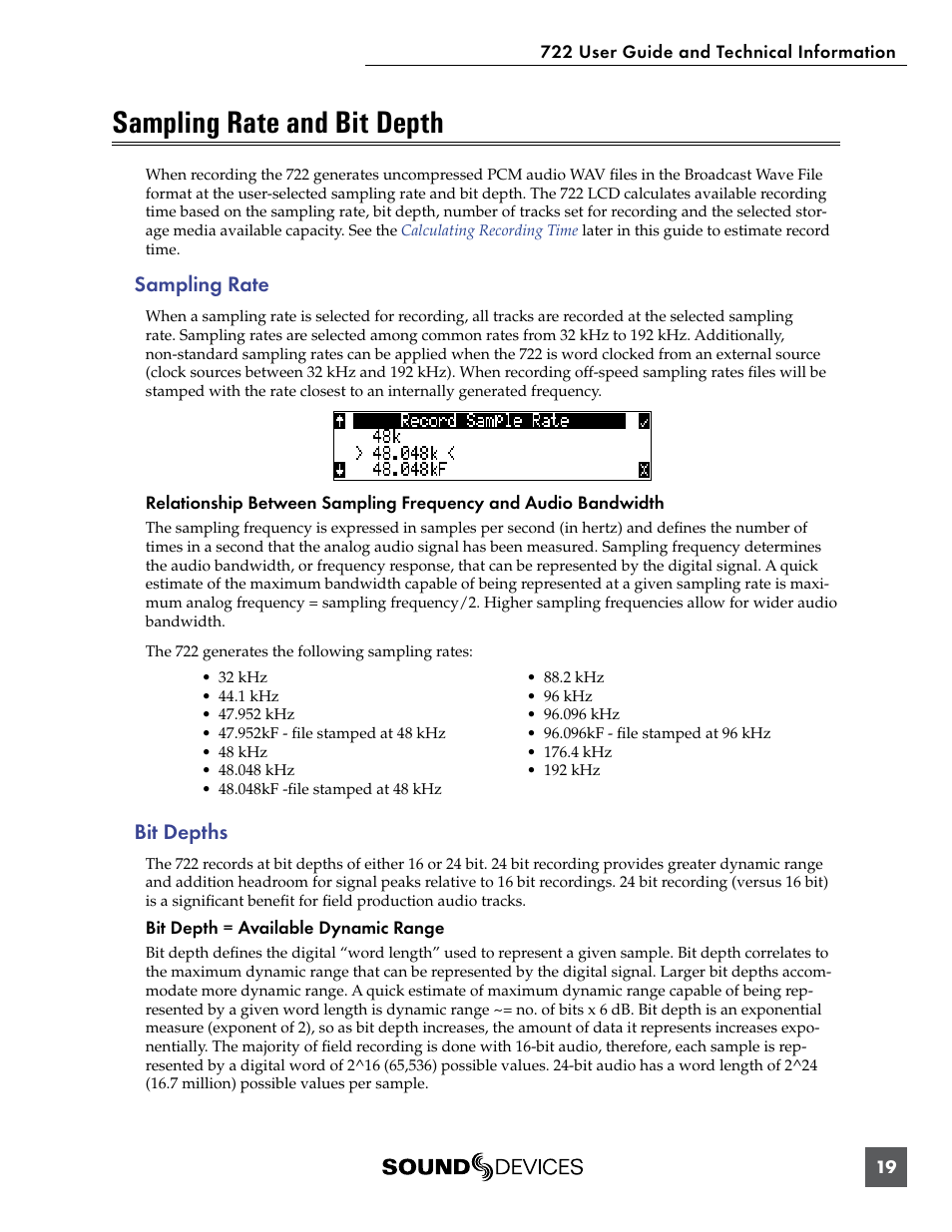 Sampling rate and bit depth, Sampling rate, Bit depths | Sampling rate bit depths | Sound Devices 722 User Manual | Page 21 / 80