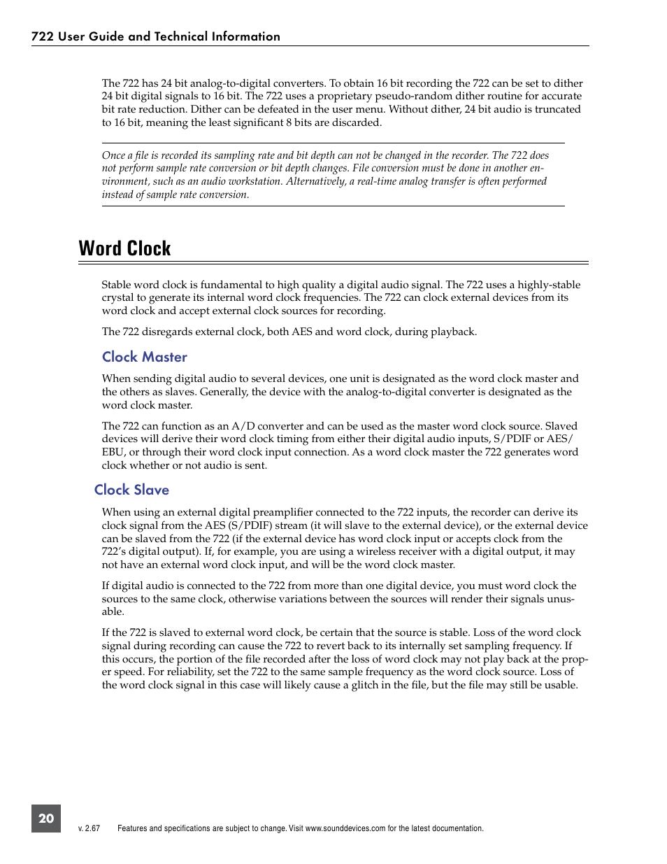 Word clock, Clock slave, Clock master | Sound Devices 722 User Manual | Page 22 / 80