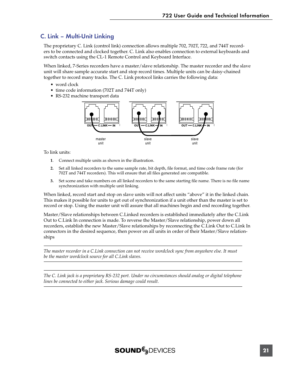 C. link – multi-unit linking | Sound Devices 722 User Manual | Page 23 / 80