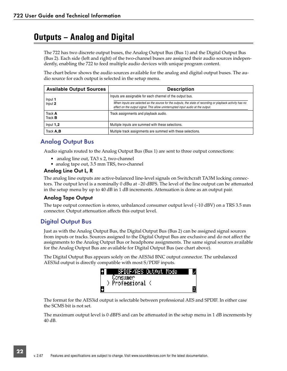 Outputs – analog and digital, Analog output bus, Digital output bus | Analog output bus digital output bus | Sound Devices 722 User Manual | Page 24 / 80