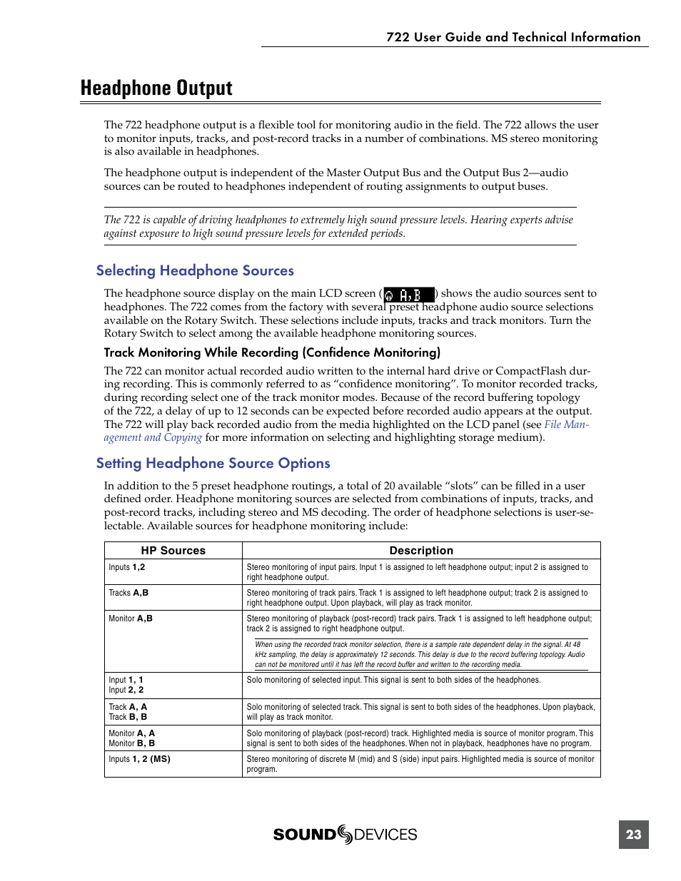 Headphone output, Selecting headphone sources, Setting headphone source options | Sound Devices 722 User Manual | Page 25 / 80