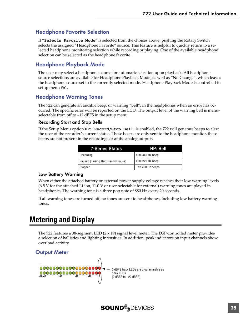 Headphone favorite selection, Headphone playback mode, Headphone warning tones | Metering and display, Output meter | Sound Devices 722 User Manual | Page 27 / 80