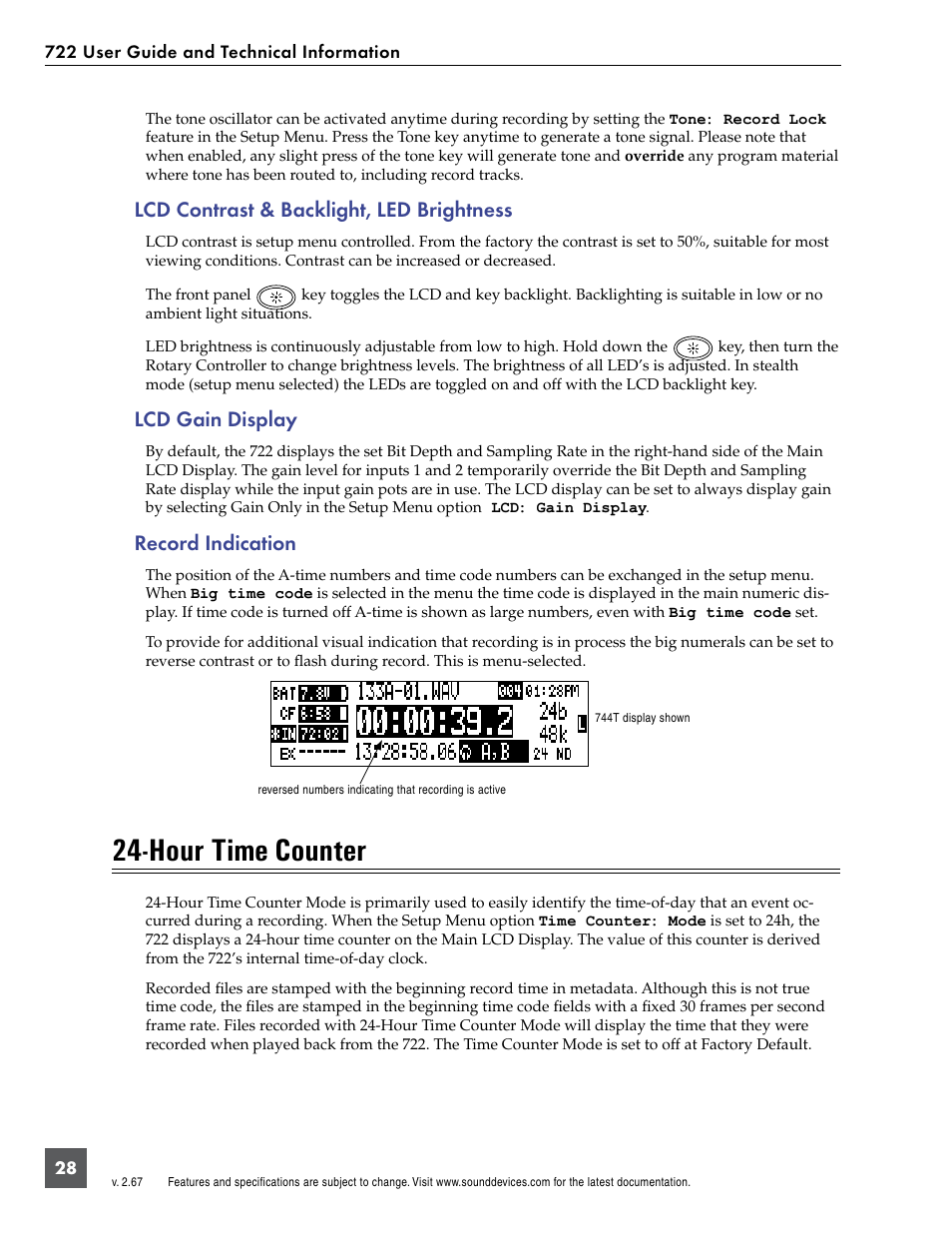 Lcd contrast & backlight, led brightness, Lcd gain display, Record indication | Hour time counter | Sound Devices 722 User Manual | Page 30 / 80