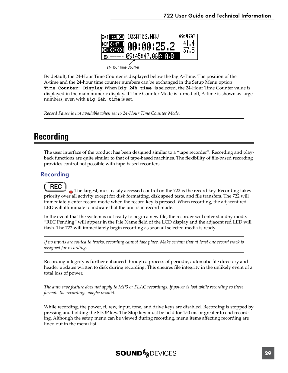 Recording | Sound Devices 722 User Manual | Page 31 / 80