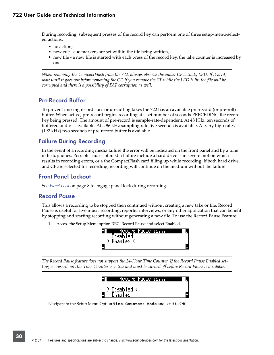 Pre-record buffer, Failure during recording, Record pause | Front panel lockout | Sound Devices 722 User Manual | Page 32 / 80