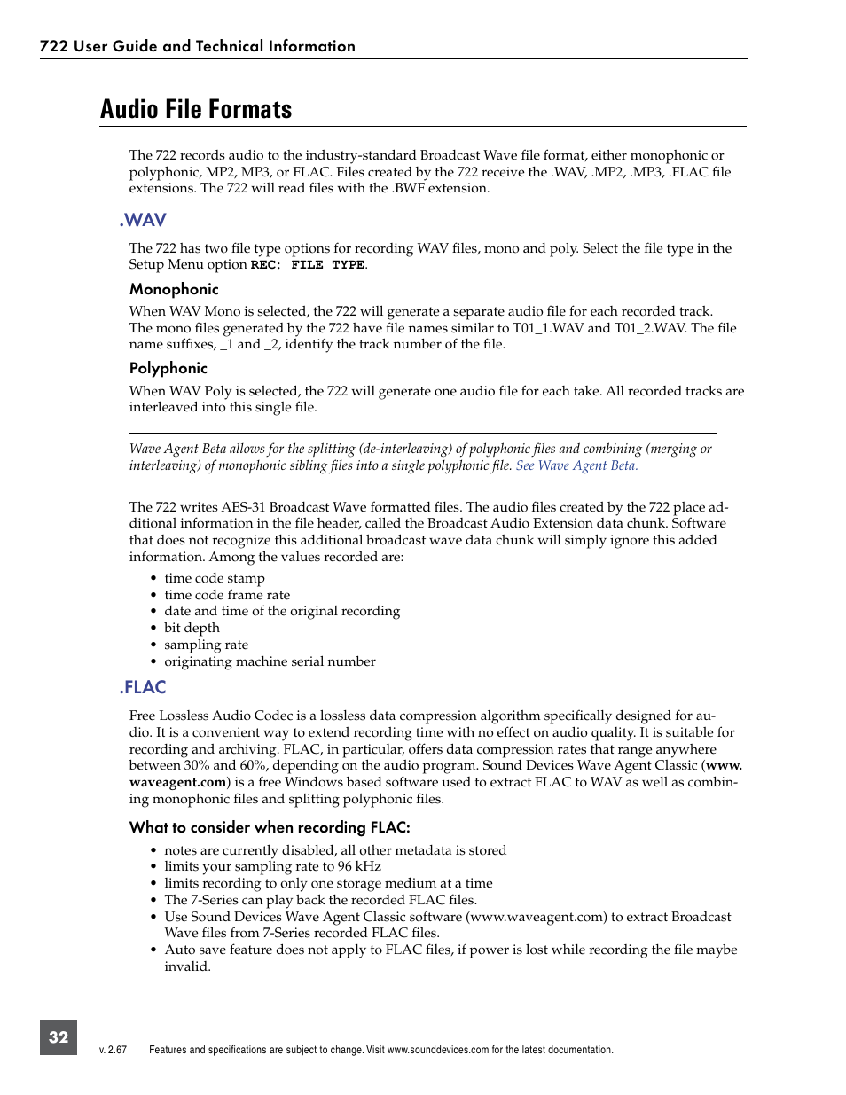 Audio file formats, Flac, Wav .flac | Sound Devices 722 User Manual | Page 34 / 80