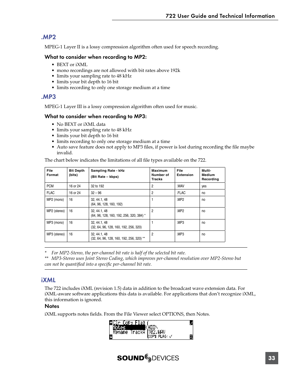 Ixml, Mp2 .mp3 ixml, What to consider when recording to mp2 | What to consider when recording to mp3 | Sound Devices 722 User Manual | Page 35 / 80