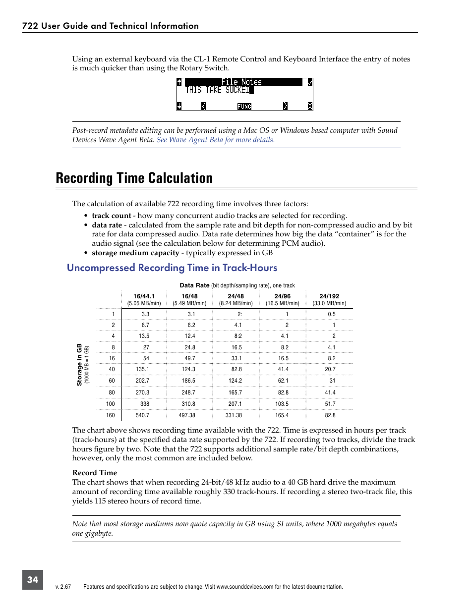 Recording time calculation, Uncompressed recording time in track-hours | Sound Devices 722 User Manual | Page 36 / 80