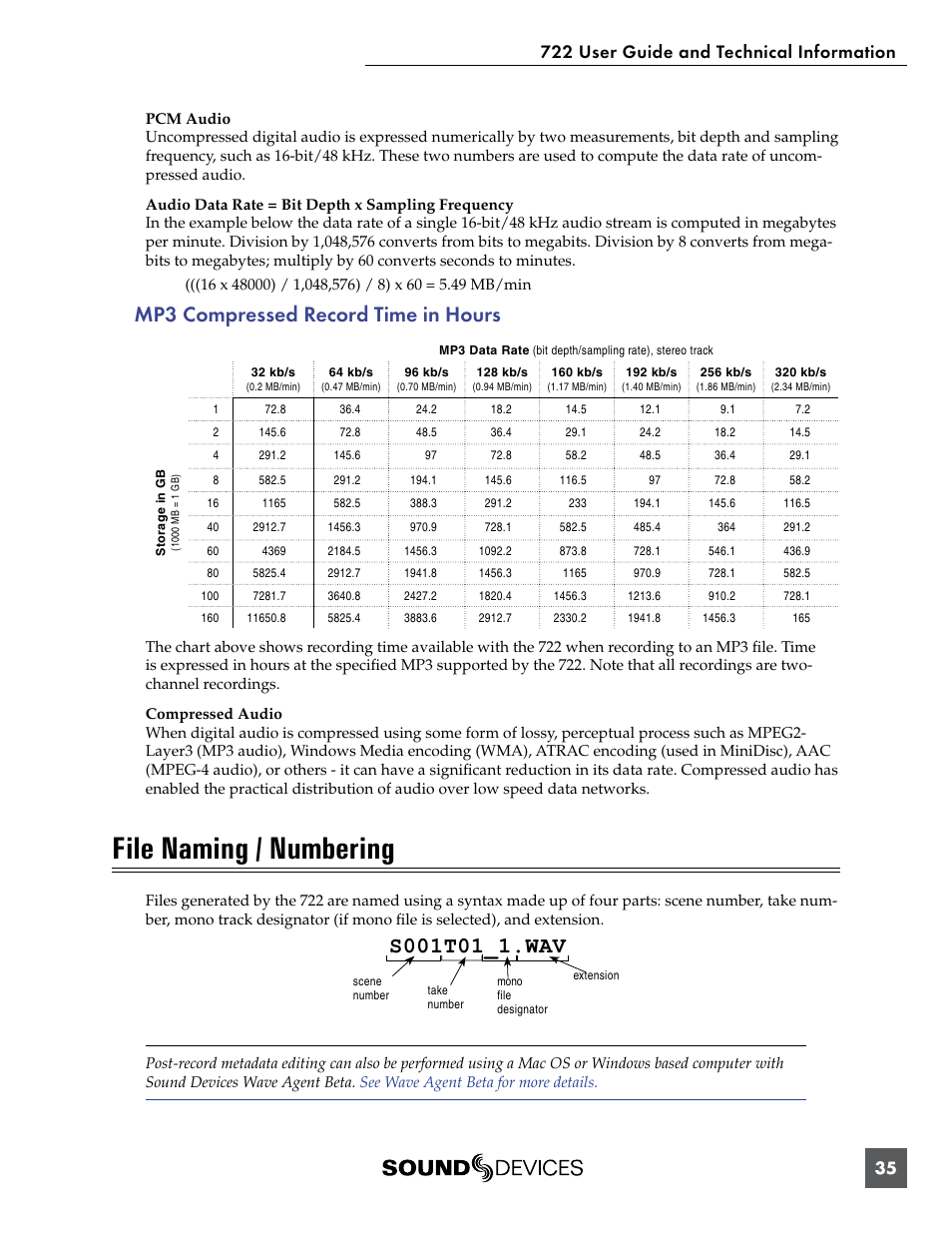 Mp3 compressed record time in hours, File naming / numbering | Sound Devices 722 User Manual | Page 37 / 80