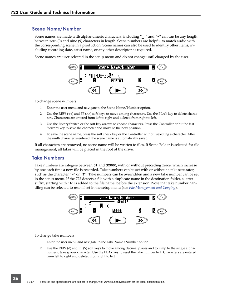 Scene name/number, Take numbers, Scene name/number take numbers | Sound Devices 722 User Manual | Page 38 / 80