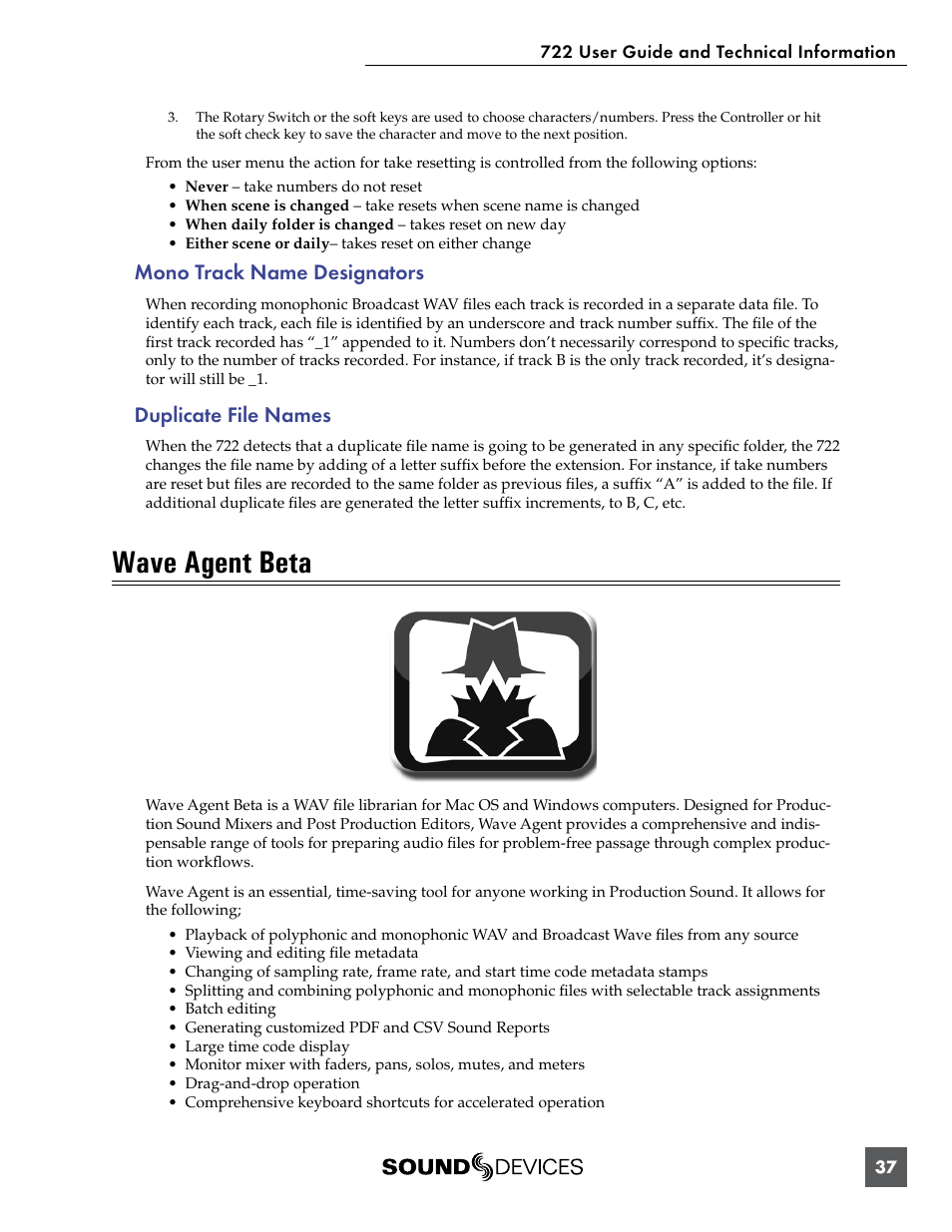 Mono track name designators, Duplicate file names, Wave agent beta | Mono track name designators duplicate file names | Sound Devices 722 User Manual | Page 39 / 80