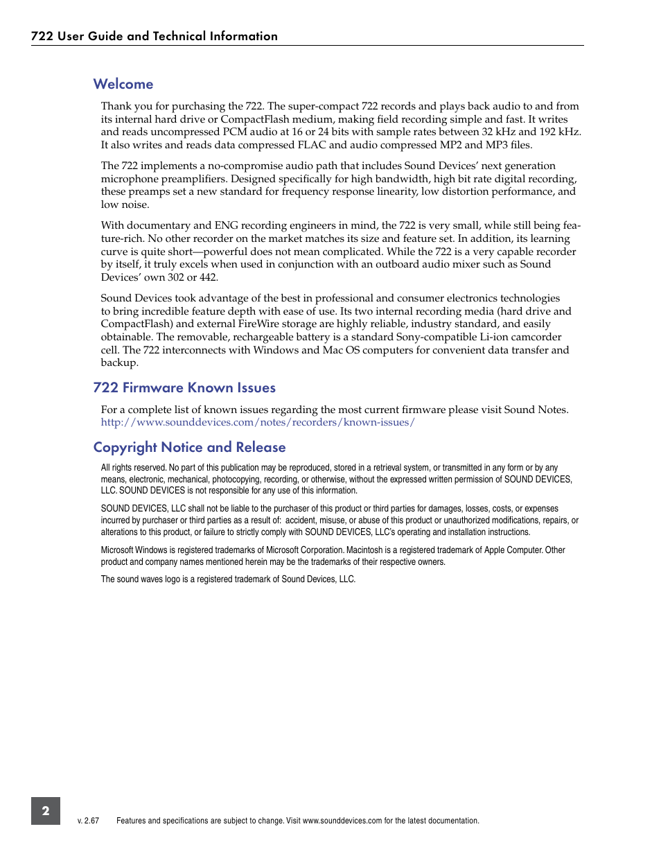 Welcome, 722 firmware known issues, Copyright notice and release | Sound Devices 722 User Manual | Page 4 / 80