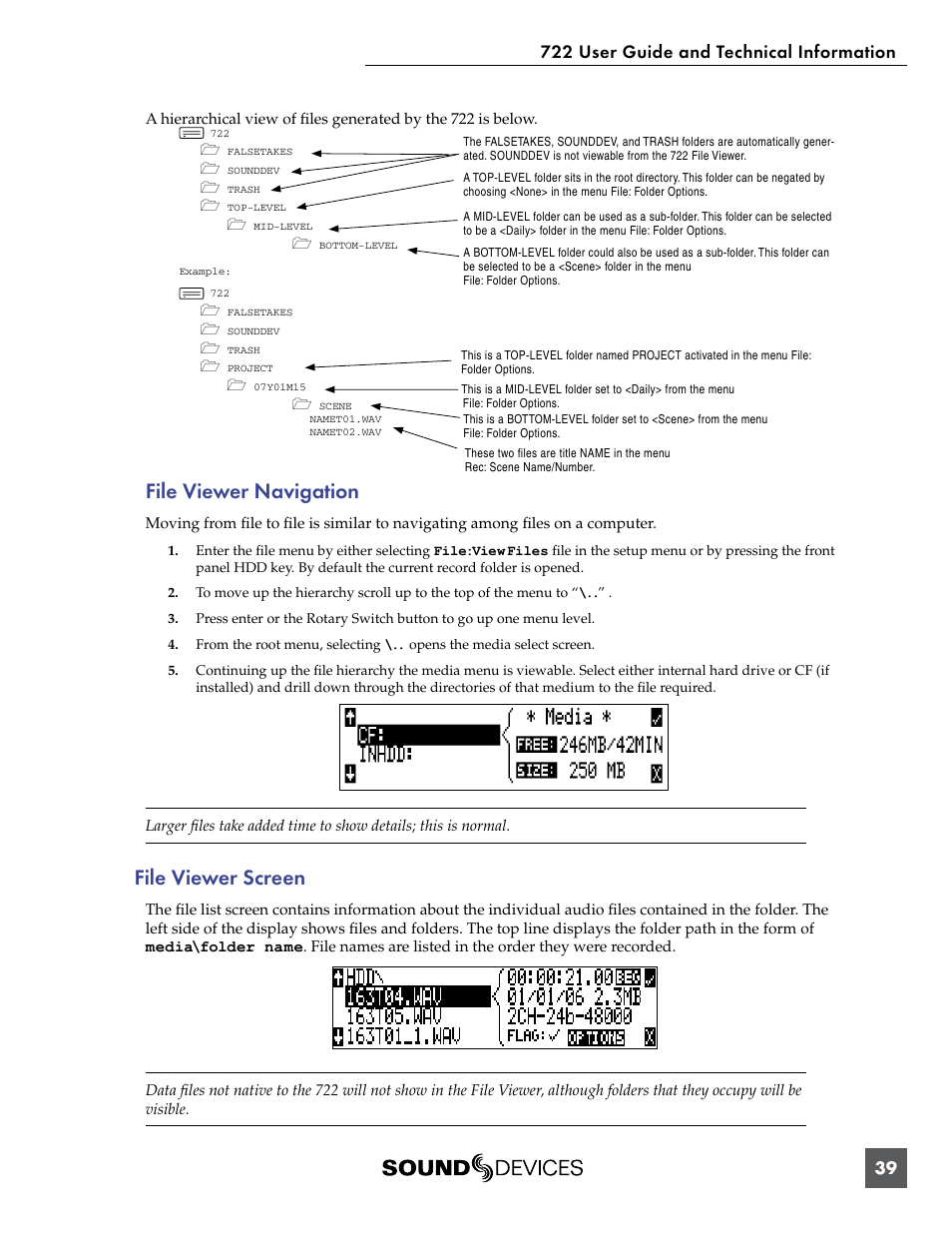 File viewer screen, File viewer navigation | Sound Devices 722 User Manual | Page 41 / 80