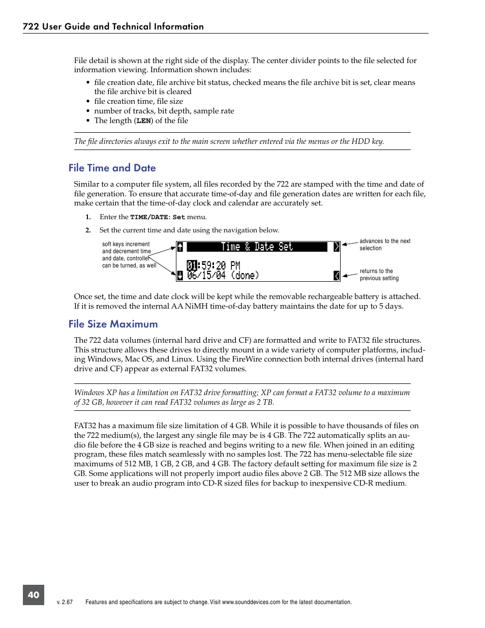 File time and date, File size maximum, File time and date file size maximum | Sound Devices 722 User Manual | Page 42 / 80