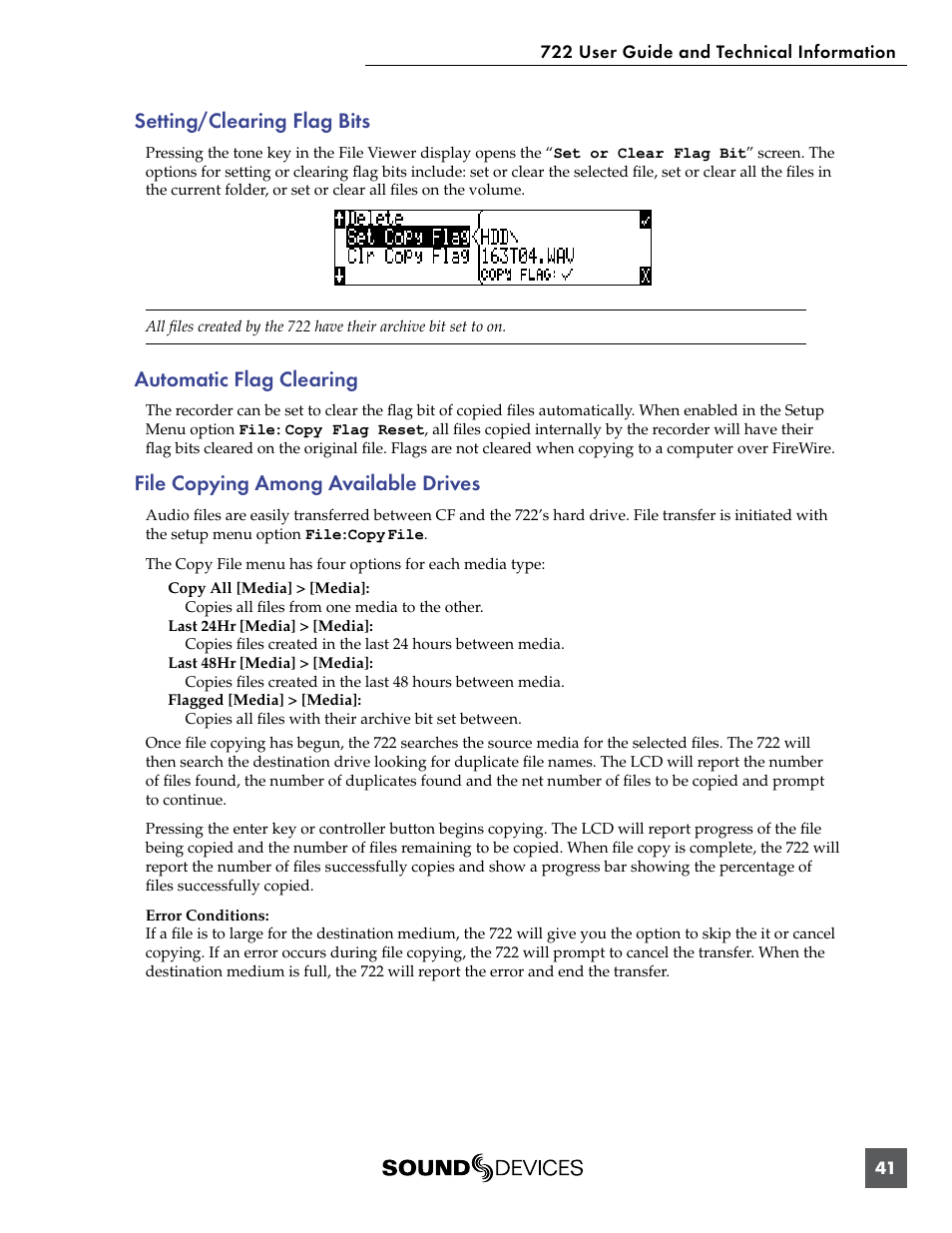 Setting/clearing flag bits, Automatic flag clearing, File copying among available drives | Sound Devices 722 User Manual | Page 43 / 80