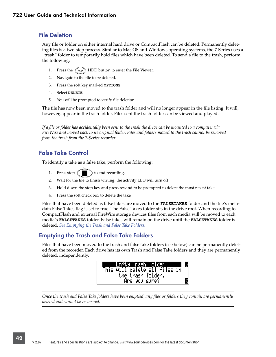 File deletion, False take control, Emptying the trash and false take folders | Sound Devices 722 User Manual | Page 44 / 80
