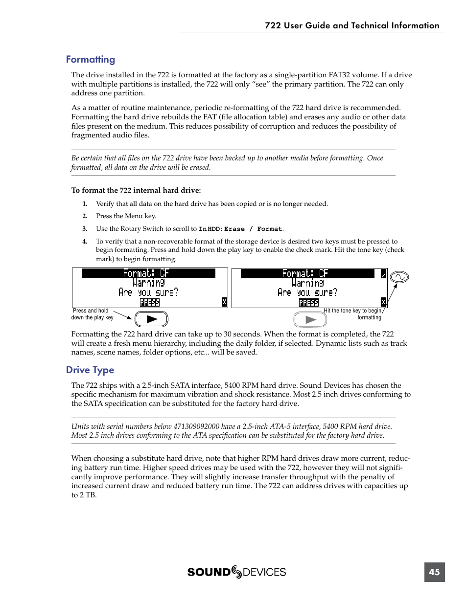 Formatting, Drive type, Formatting drive type | Sound Devices 722 User Manual | Page 47 / 80