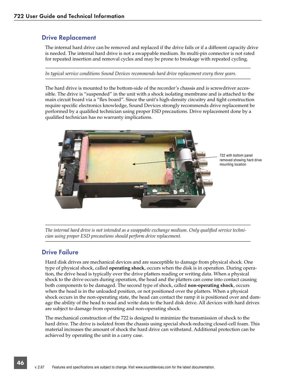 Drive replacement, Drive failure, Drive replacement drive failure | Sound Devices 722 User Manual | Page 48 / 80