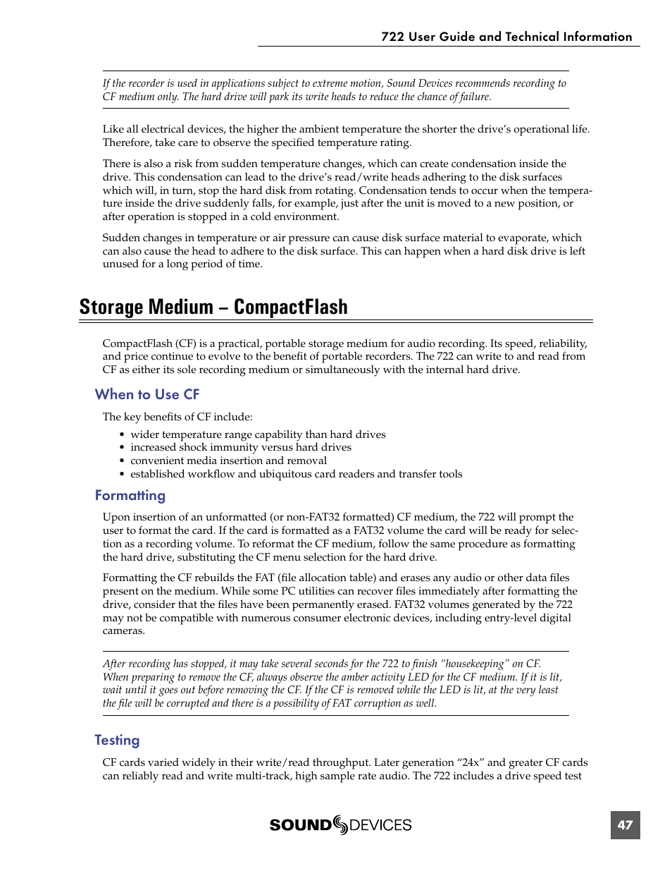 Storage medium – compactflash, When to use cf, Formatting | Testing, When to use cf formatting testing | Sound Devices 722 User Manual | Page 49 / 80