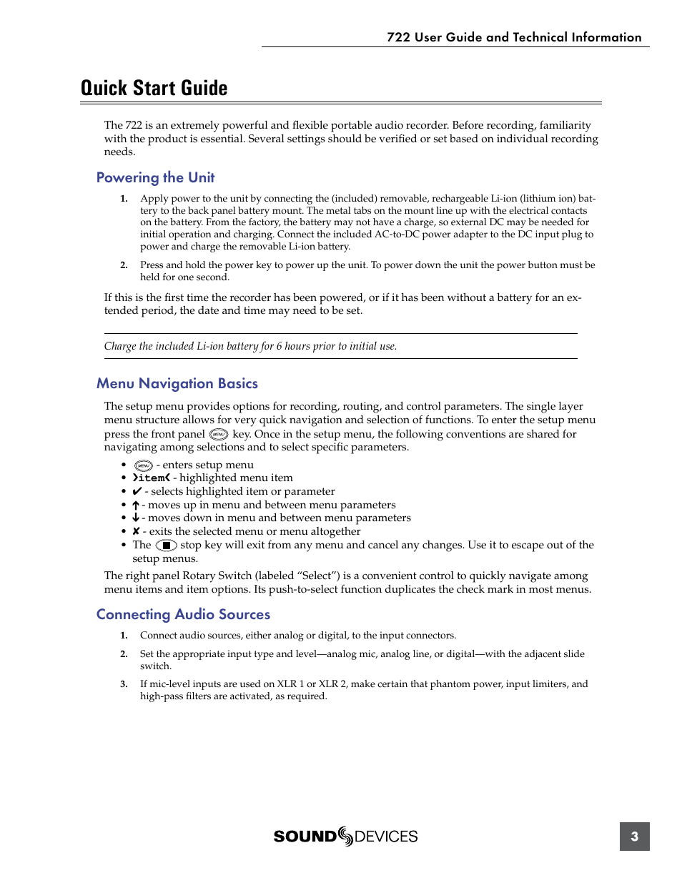 Quick start guide, Powering the unit, Menu navigation basics | Connecting audio sources | Sound Devices 722 User Manual | Page 5 / 80