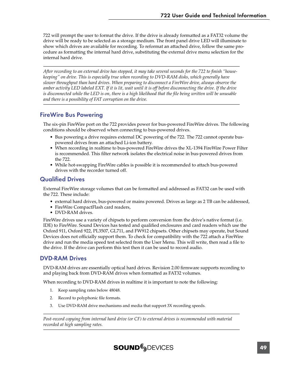 Firewire bus powering, Qualified drives, Dvd-ram drives | Sound Devices 722 User Manual | Page 51 / 80