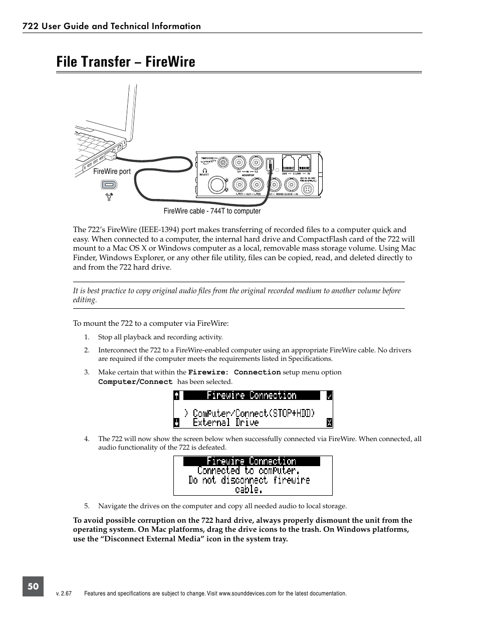 File transfer – firewire | Sound Devices 722 User Manual | Page 52 / 80
