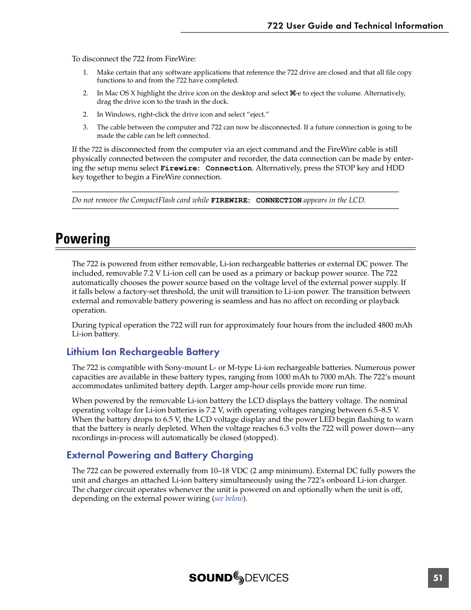 Powering, Lithium ion rechargeable battery, External powering and battery charging | Sound Devices 722 User Manual | Page 53 / 80
