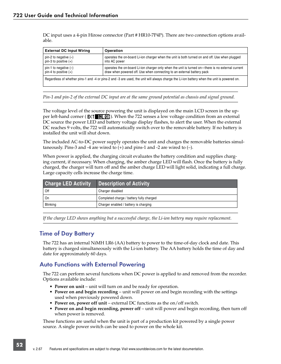 Time of day battery, Auto functions with external powering, Charge led activity description of activity | Sound Devices 722 User Manual | Page 54 / 80