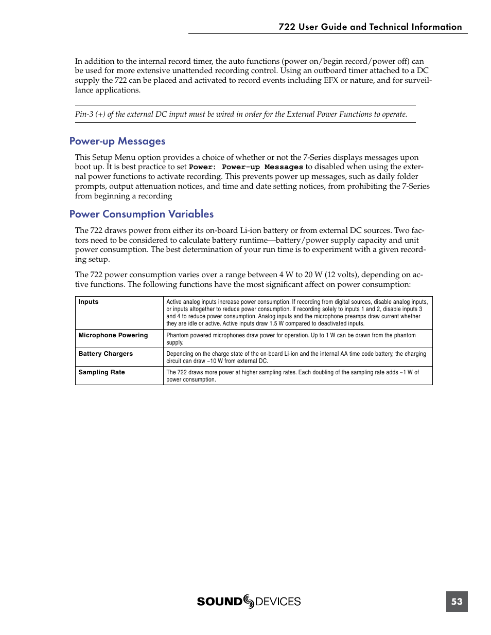 Power-up messages, Power consumption variables, Power-up messages power consumption variables | Sound Devices 722 User Manual | Page 55 / 80