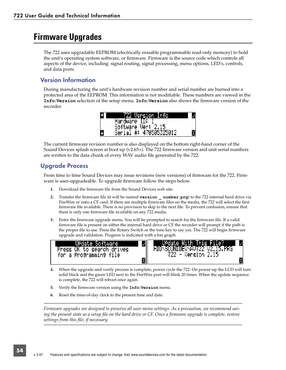 Firmware upgrades, Version information, Upgrade process | Version information upgrade process | Sound Devices 722 User Manual | Page 56 / 80