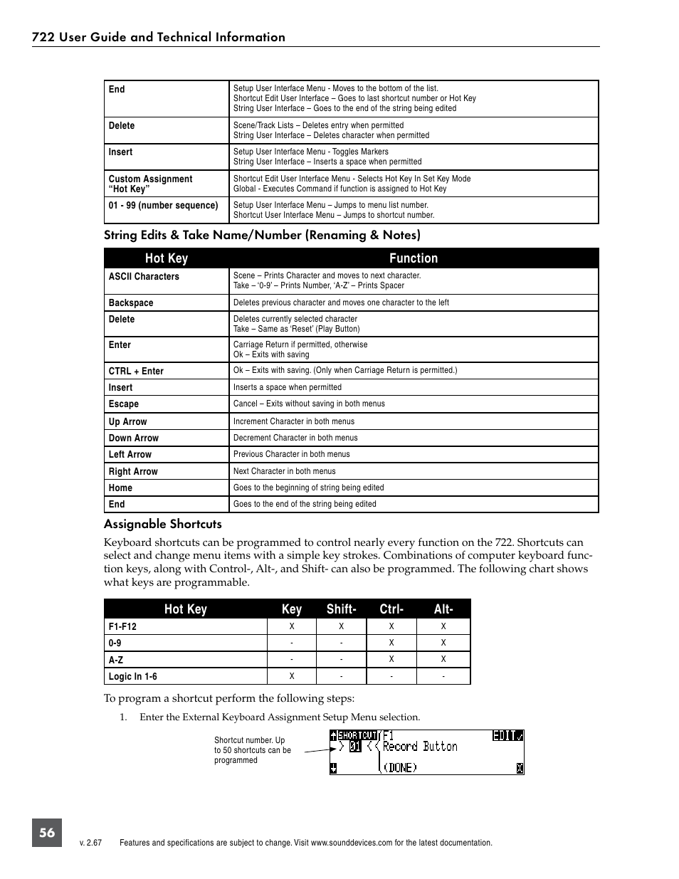 Assignable shortcuts, Hot key key shift- ctrl- alt | Sound Devices 722 User Manual | Page 58 / 80