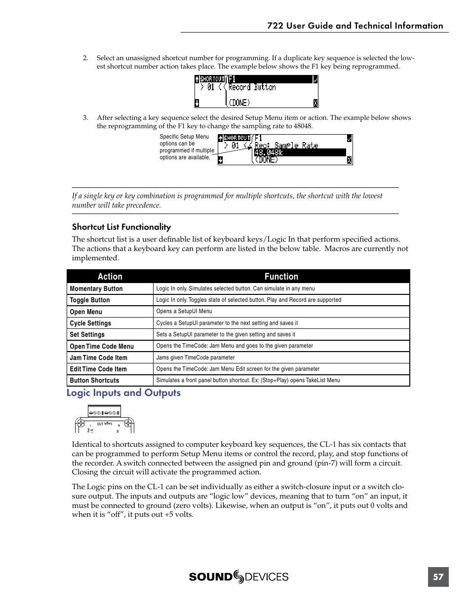 Logic inputs and outputs, Shortcut list functionality, Action function | Sound Devices 722 User Manual | Page 59 / 80