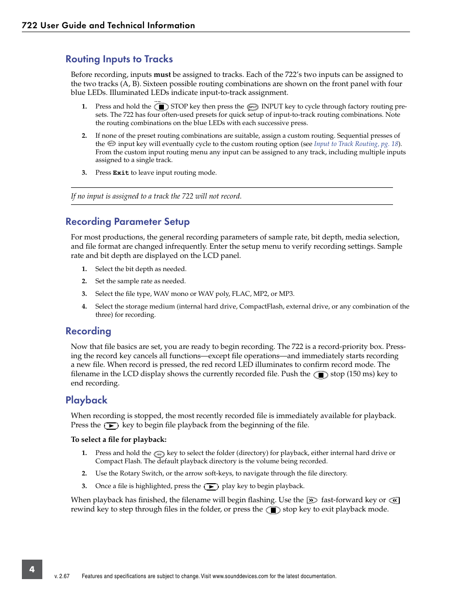 Routing inputs to tracks, Recording parameter setup, Recording | Playback | Sound Devices 722 User Manual | Page 6 / 80