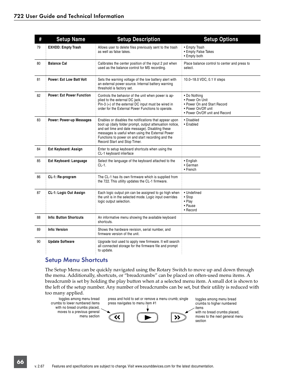Setup menu shortcuts, Setup name setup description setup options | Sound Devices 722 User Manual | Page 68 / 80