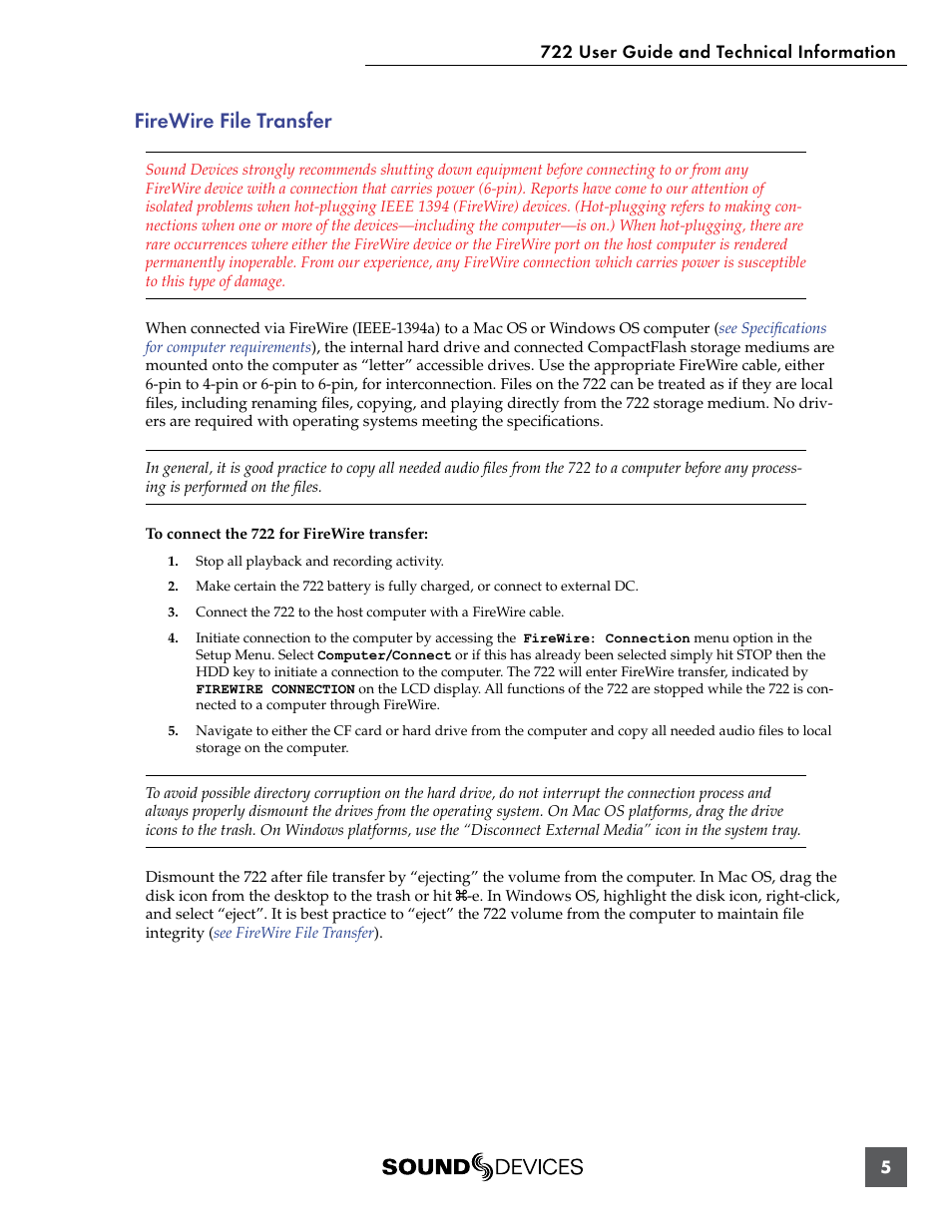 Firewire file transfer | Sound Devices 722 User Manual | Page 7 / 80