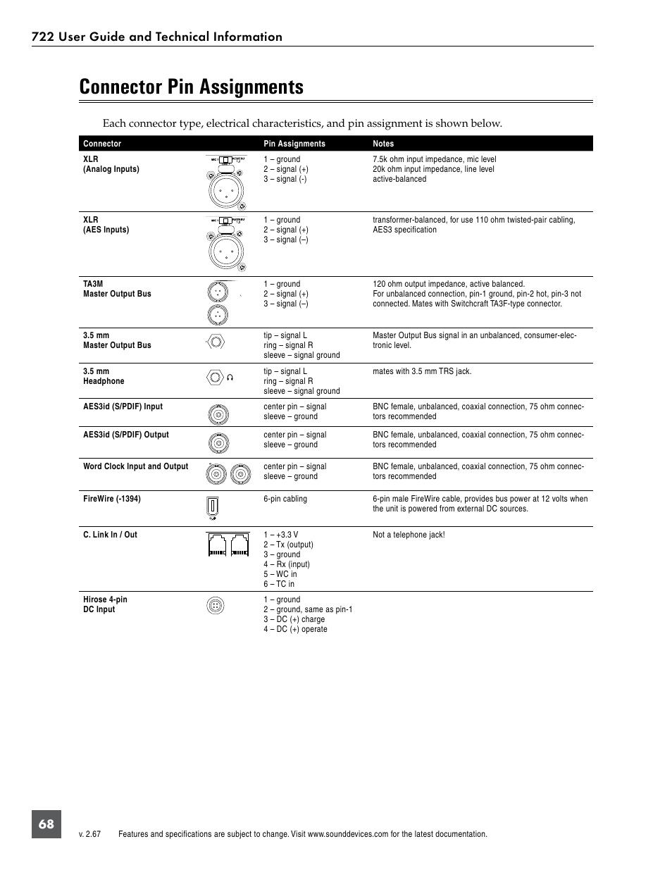 Connector pin assignments | Sound Devices 722 User Manual | Page 70 / 80