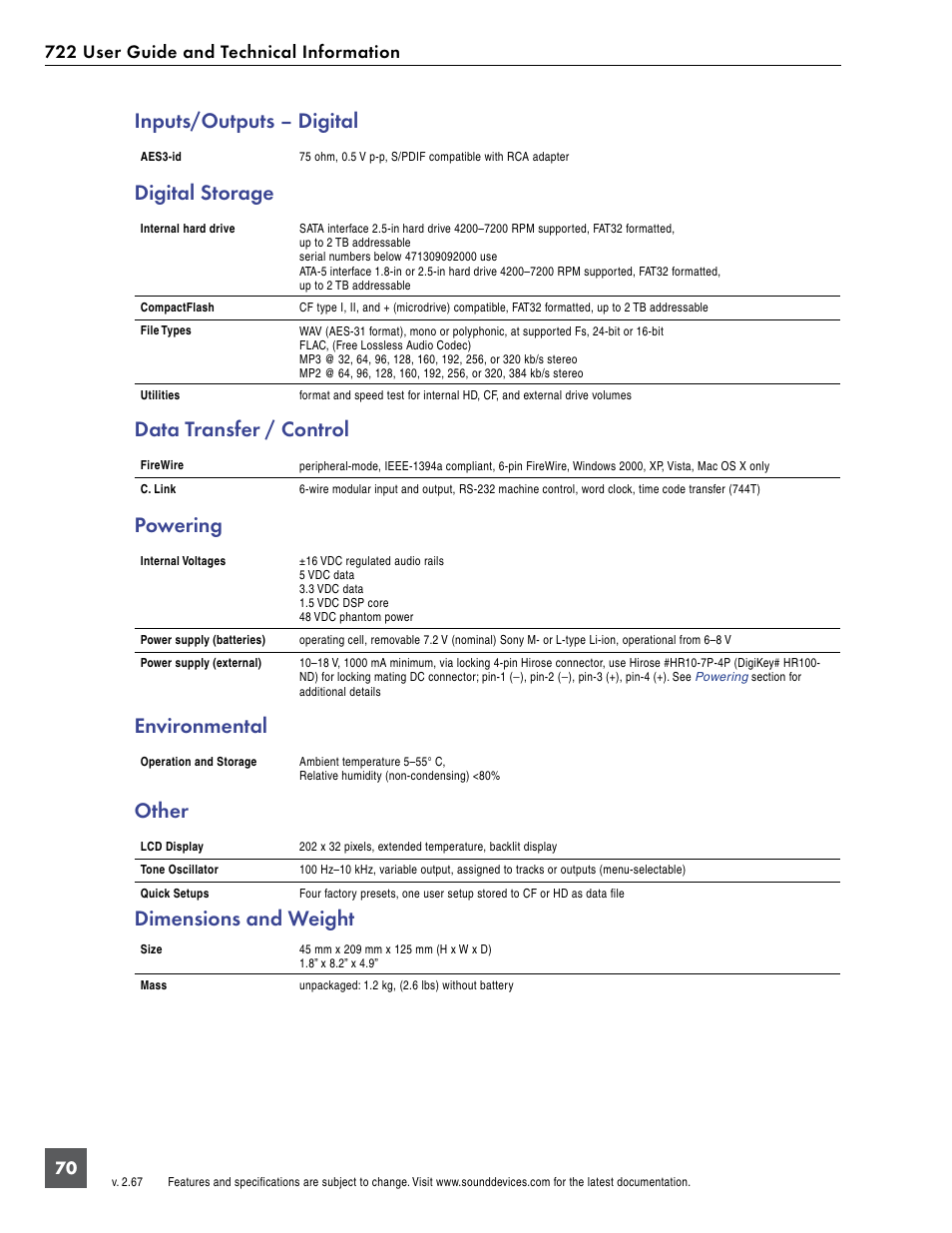 Inputs/outputs – digital, Digital storage, Data transfer / control | Powering, Environmental, Other, Dimensions and weight | Sound Devices 722 User Manual | Page 72 / 80