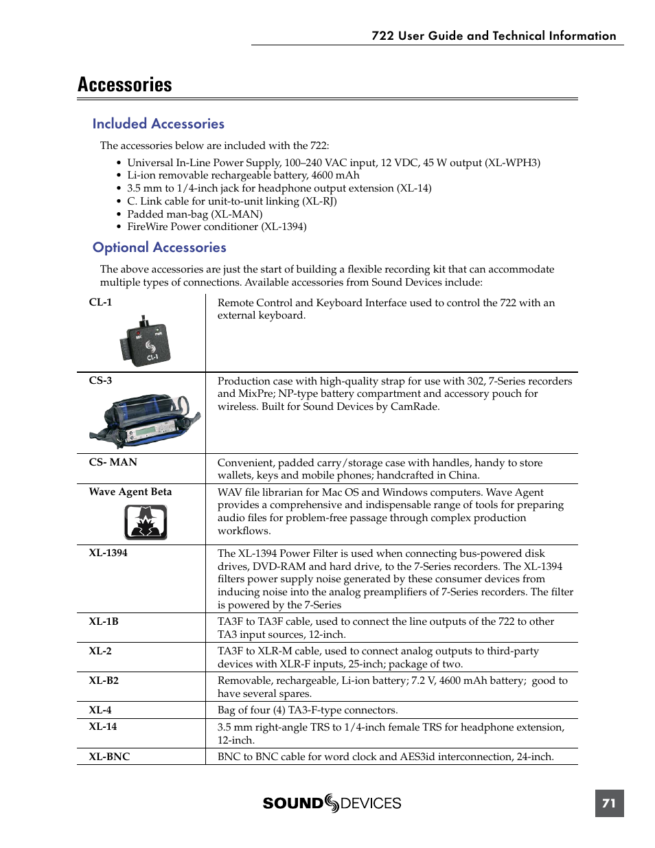 Accessories, Included accessories, Optional accessories | Sound Devices 722 User Manual | Page 73 / 80