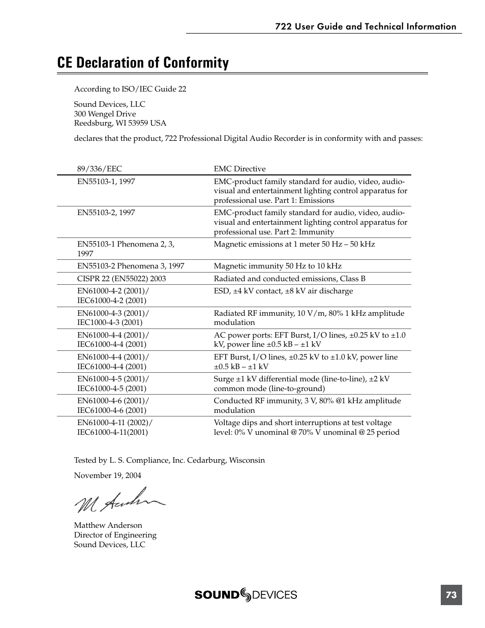 Ce declaration of conformity | Sound Devices 722 User Manual | Page 75 / 80