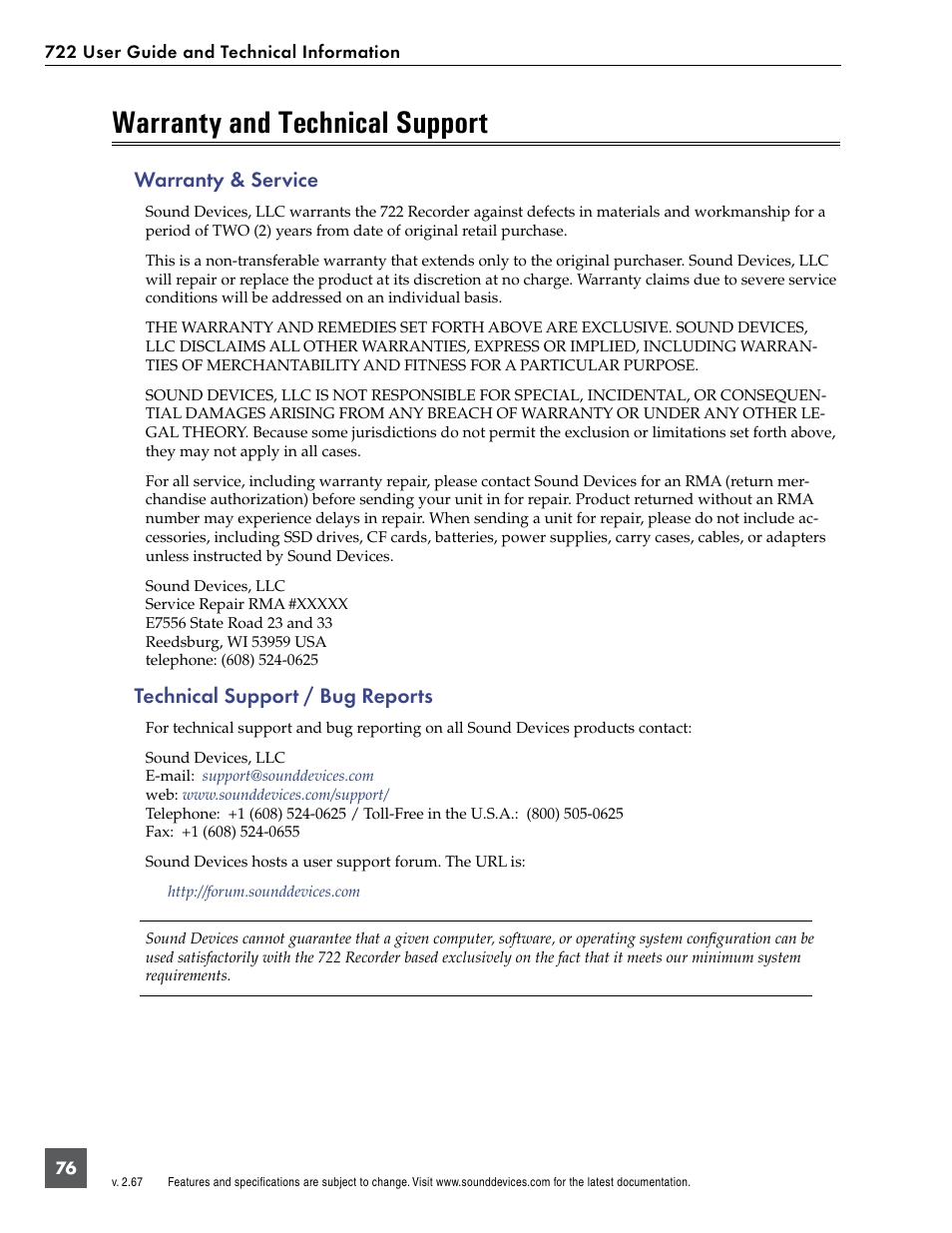 Warranty, Warranty and technical support, Warranty & service | Technical support / bug reports | Sound Devices 722 User Manual | Page 78 / 80