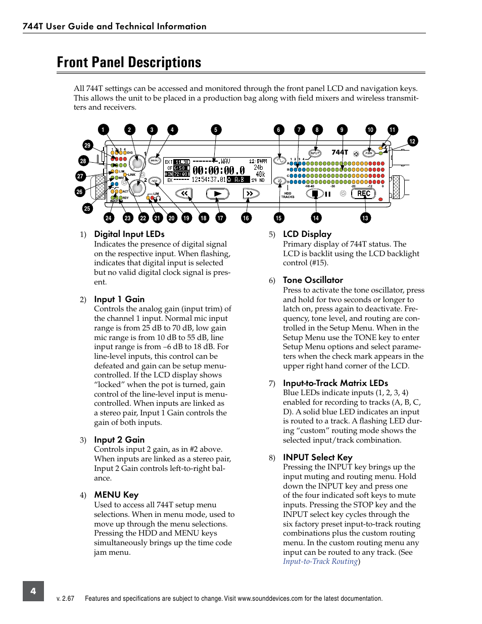 Front panel descriptions | Sound Devices 744T User Manual | Page 10 / 90