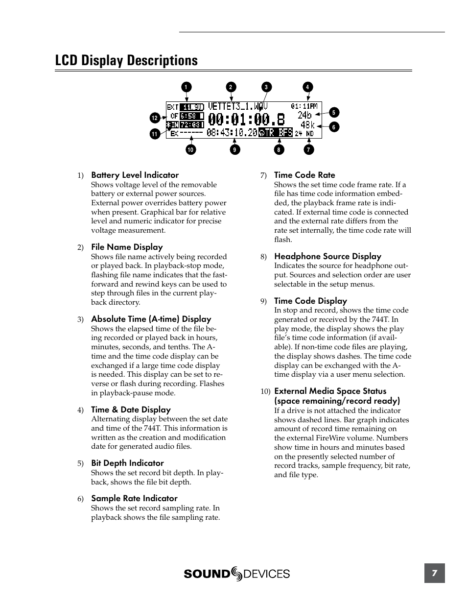 Lcd display descriptions | Sound Devices 744T User Manual | Page 13 / 90