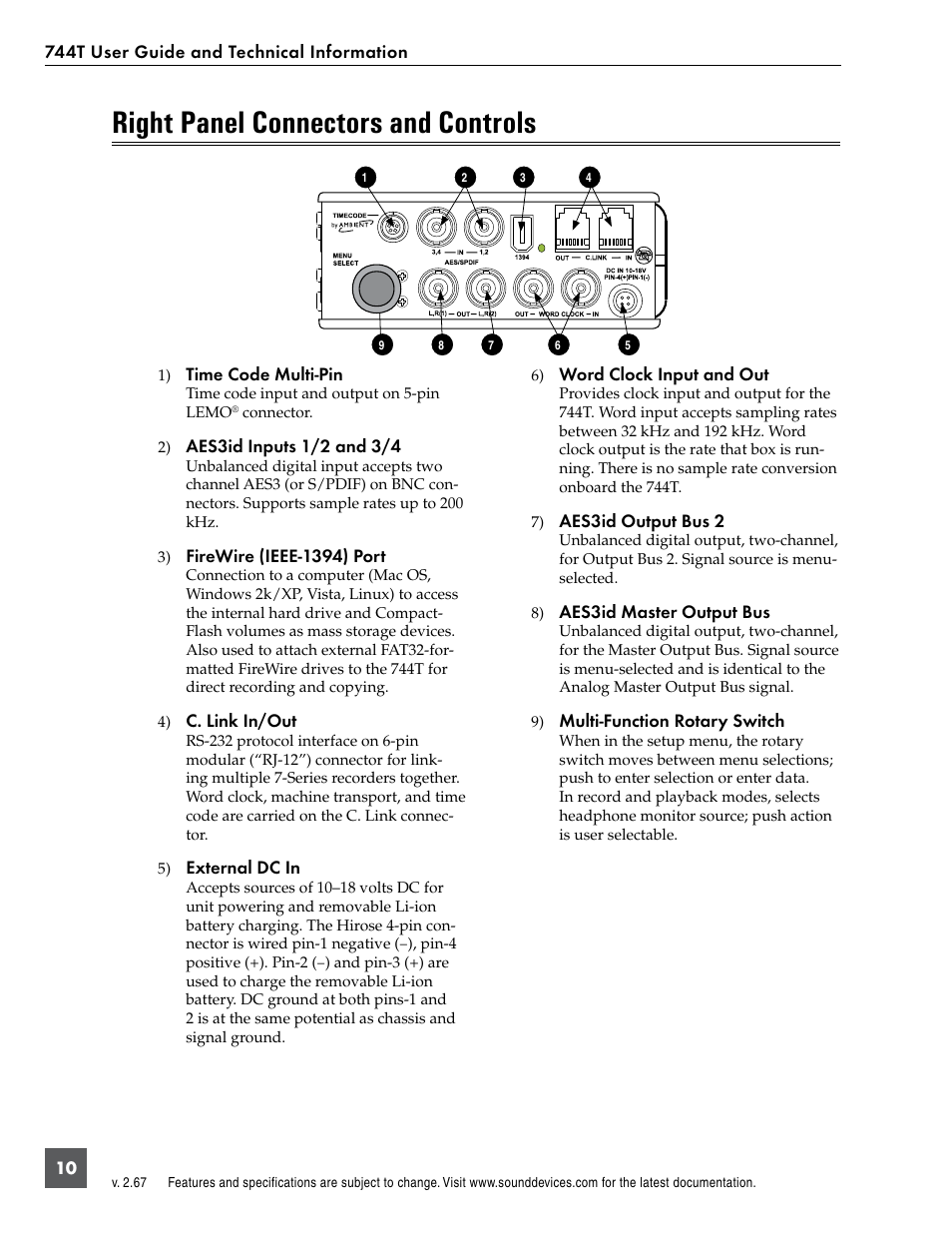 Right panel connectors and controls | Sound Devices 744T User Manual | Page 16 / 90
