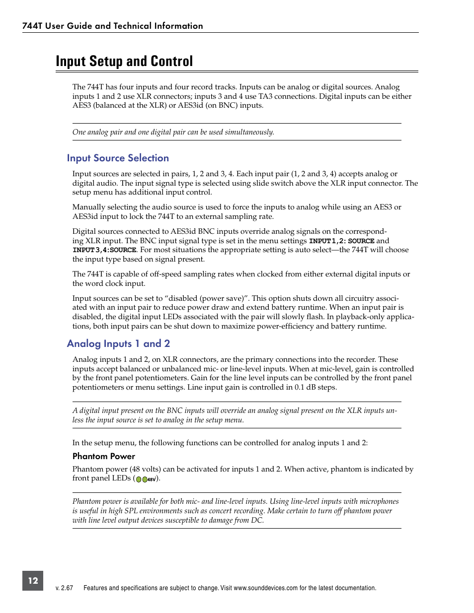 Input setup and control, Input source selection, Analog inputs 1 and 2 | Input source selection analog inputs 1 and 2 | Sound Devices 744T User Manual | Page 18 / 90