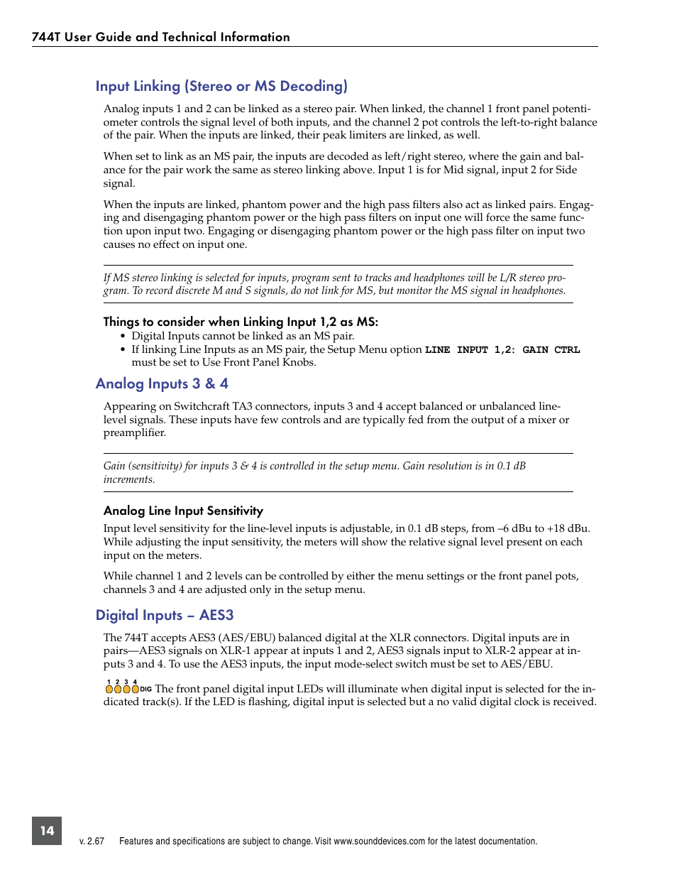 Input linking (stereo or ms decoding), Analog inputs 3 & 4, Digital inputs – aes3 | Sound Devices 744T User Manual | Page 20 / 90