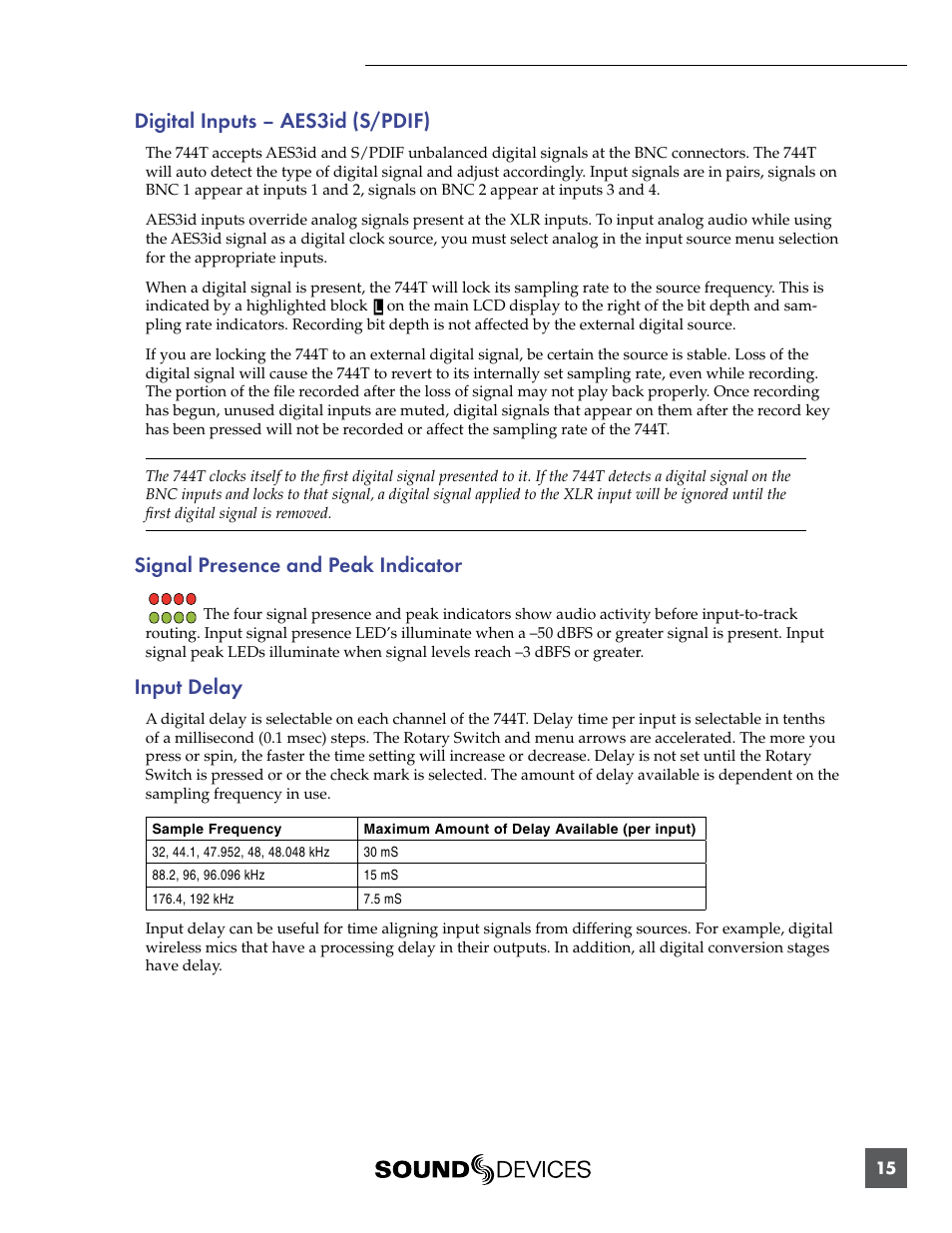 Digital inputs – aes3id (s/pdif), Signal presence and peak indicator, Input delay | Sound Devices 744T User Manual | Page 21 / 90