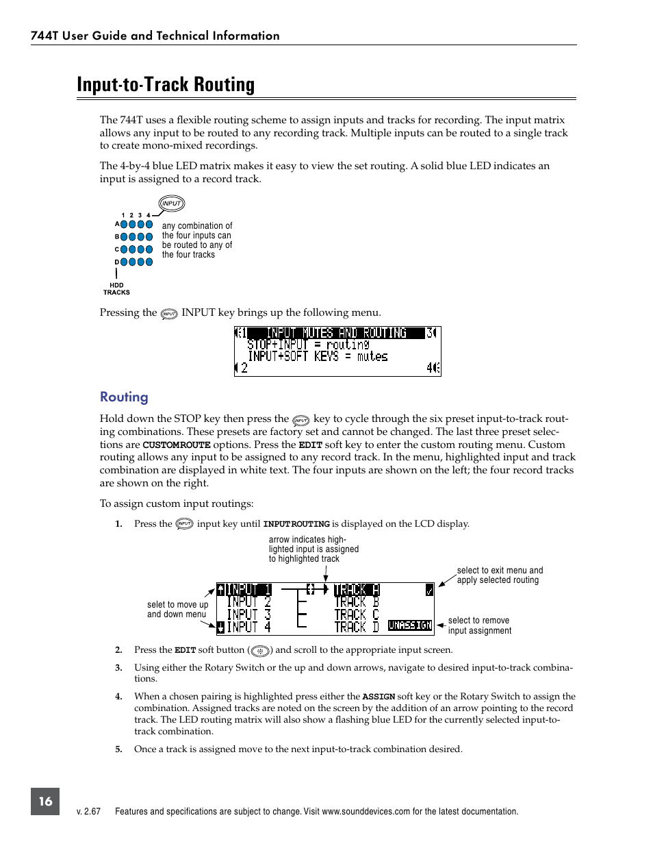 Input-to-track routing, Routing | Sound Devices 744T User Manual | Page 22 / 90